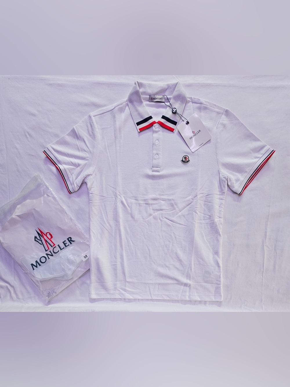Moncler White Polo with Red and Navy Trim